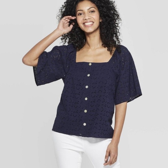 Womens XXL A New Day Navy Eyelet Square Neck Top - Picture 3 of 8